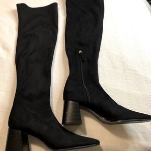 Zara over the knee side gold zip vegan black suede heeled boots Size 10 US NWT